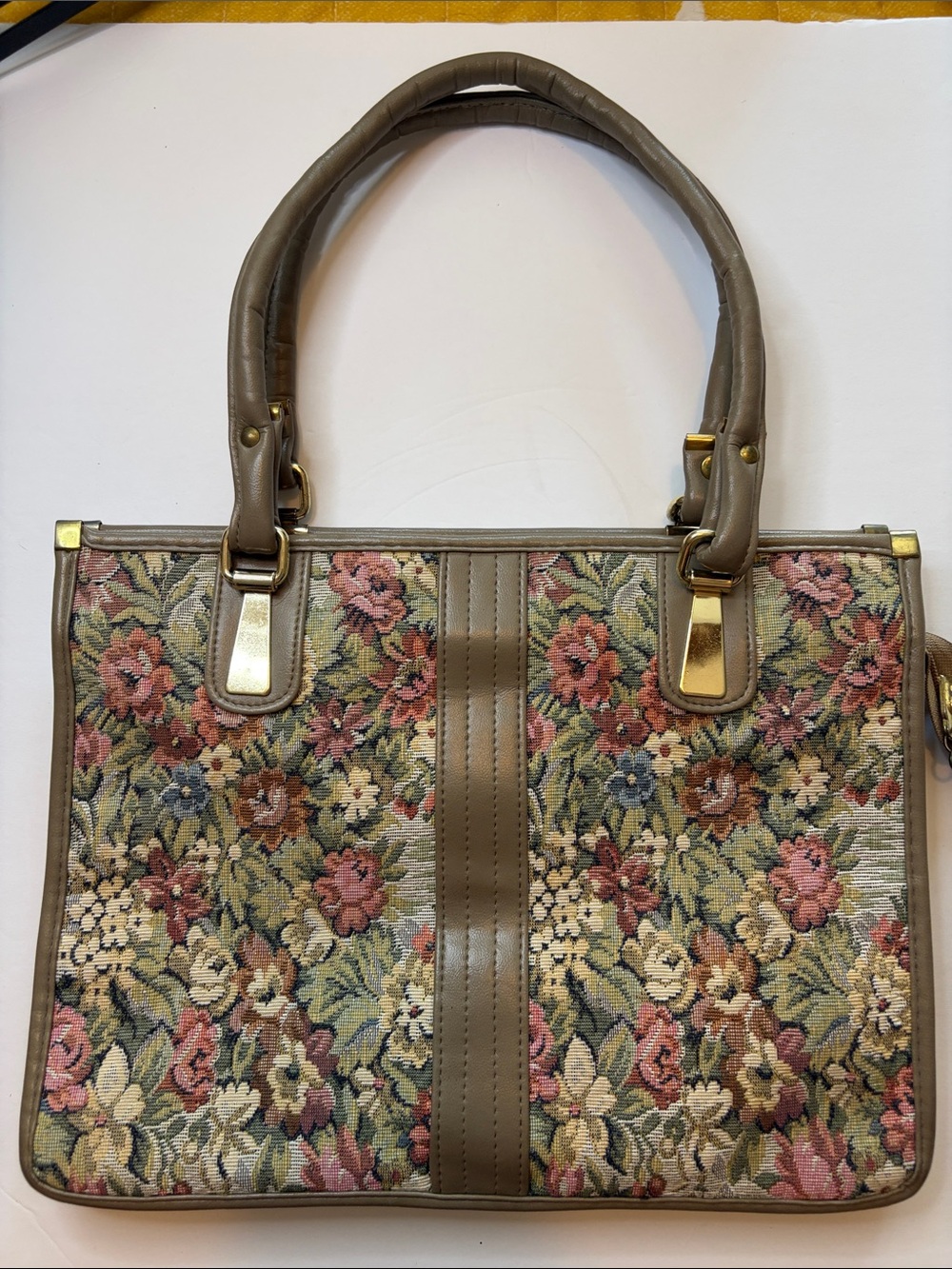 Vintage Floral Tapestry Tote Bag in Olive Green and Pink